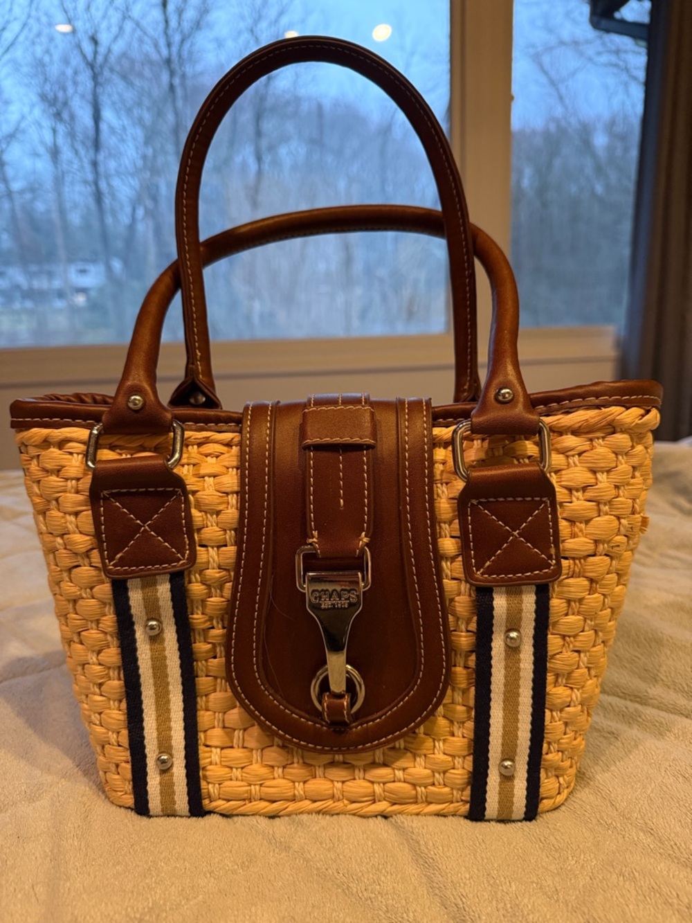 ✨CHAPS✨ Straw Tote with Brown Leather Trim and Navy-White Stripes